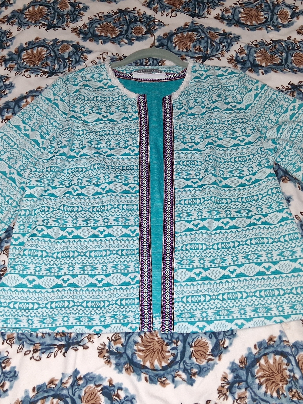 Valerie Stevens Teal Patterned Cardigan with Purple Trim